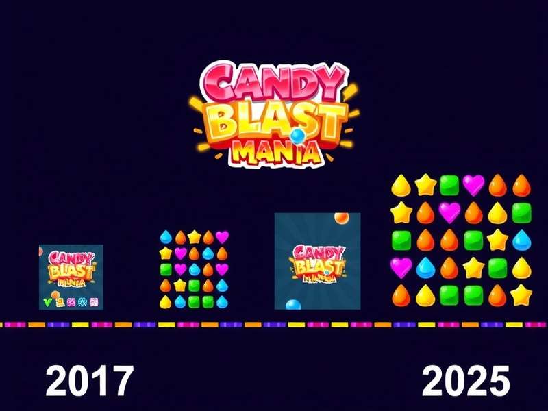Candy Blast Mania Evolution Timeline Evolution of Candy Blast Mania from 2017 to 2025 showing interface changes and new sweet additions
